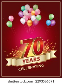 70th anniversary celebration. Golden numbers with fireworks on a red background with ribbon and balloons. Vector illustration