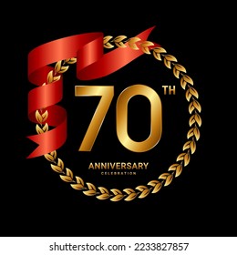 70th Anniversary Celebration. Anniversary Logo Design with Laurel Wreath and Red Ribbon for Celebration Event, Wedding, Invitation, Greeting Card. Logo Vector Illustration