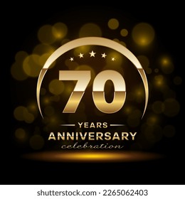 70th Anniversary Celebration. Logo design with golden ring and text for anniversary celebration event, invitation, wedding, greeting card, banner, poster, flyer, brochure. Logo Vector Template