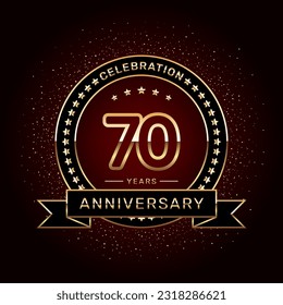 70th anniversary celebration logo design with a golden ring and ribbon, vector template