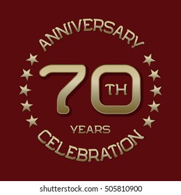 70th anniversary celebration logo symbol. Golden circular editable emblem on red.
