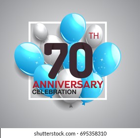 70th anniversary celebration logotype. anniversary logo with balloon in white rectangle.  Vector design for celebration, birthday, party, festival, invitation card, and greeting card