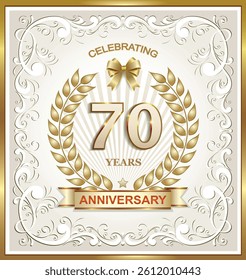 70th Anniversary design template with laurel wreath in golden frame with creative pattern on light background with ribbon for poster, banner, brochure, magazine, booklet, invitation, greeting card.