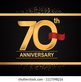 70th anniversary golden design with red ribbon and glitter isolated on black background for celebration