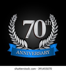 70th anniversary logo with blue ribbon and laurel wreath, vector template for birthday celebration.