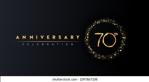 70th anniversary logo with confetti and golden glitter ring isolated on black background, vector design for greeting card and invitation card. svg