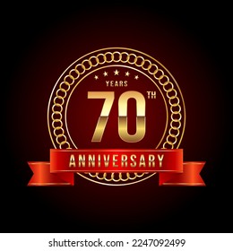 70th Anniversary. Anniversary logo design with gold color text and red ribbon for anniversary celebration event. Logo Vector Illustration