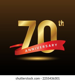 70th anniversary logo design with golden numbers and red ribbon. Logo Vector Template
