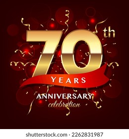 70th Anniversary logo design with golden numbers and red ribbon for anniversary celebration event, invitation, wedding, greeting card, banner, poster, flyer, brochure, book cover. Logo Vector Template