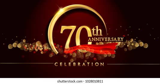 70th anniversary logo with golden ring, confetti and red ribbon isolated on elegant black background, sparkle, vector design for greeting card and invitation card