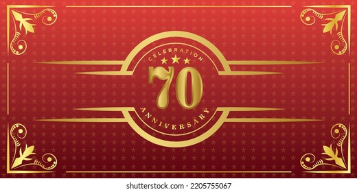 70th anniversary logo with golden ring, confetti and gold border isolated on elegant red background, sparkle, vector design for greeting card and invitation card
