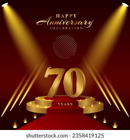 70th anniversary logo with numbers and podium in gold color, logo design for celebration event, invitation, greeting card, banner, poster, and flyer, vector template