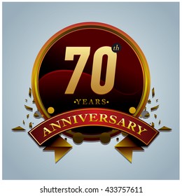 70th anniversary logo with red ribbon and gold. Anniversary signs illustration. gold anniversary logo with red ribbon and circle ring