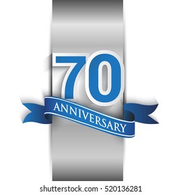 70th anniversary logo with silver label and blue ribbon, Vector design template elements for your birthday party.