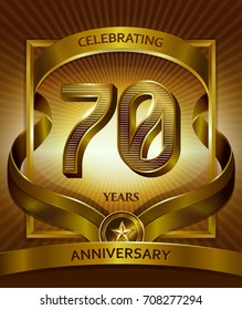 70th anniversary logo. Vector and illustration with ribbon shiny gold