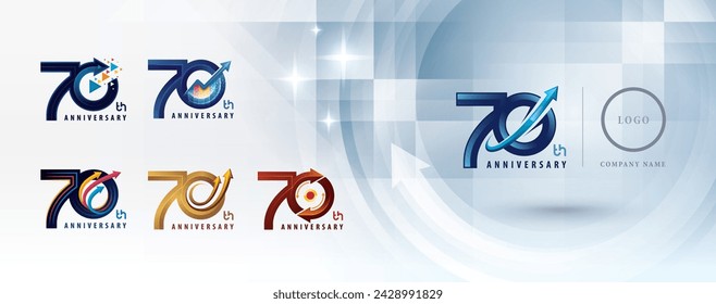 70th Anniversary logotype design, Seventy years Anniversary Logo multiple line for celebration event, Abstract Logo 70 Circle Arrow, Graph Growth to Success Concept, Upward Curved Arrow Right to Top,