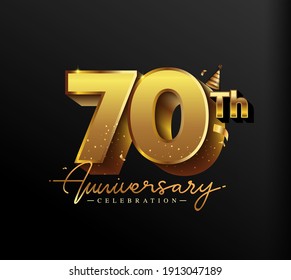 70th Anniversary Logotype with Gold Confetti Isolated on Black Background, Vector Design for Greeting Card and Invitation Card