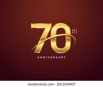 70th anniversary logotype golden color with swoosh, isolated on elegant background for anniversary celebration event.