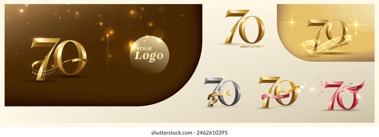 70th anniversary logotype modern gold number with shiny ribbon. alternative logo number Golden anniversary celebration