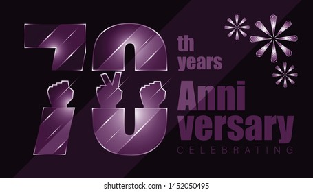 70th anniversary. luxury character inside with elements of hand and three firework. vector illustration eps10