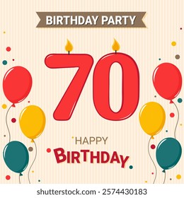 70th anniversary. Postcard invitation. Candle 70 and balloons. 