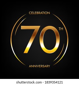 70th anniversary. Seventy years birthday celebration banner in bright golden color. Circular logo with elegant number design.
