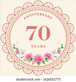 70th anniversary. Vector design greeting card with decorative floral circle for celebration