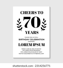 70th Birthday or Anniversary invitation card. Birthday Party invite. Cheers to 70 years. Vector template.