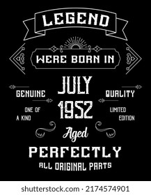 70th Birthday Vintage Legends Born In July 1952 70 Years Old