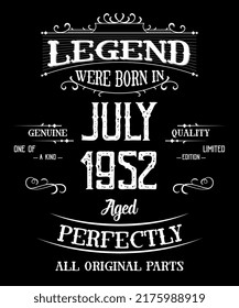 70th Birthday Vintage Legends Born In July 1952 70 Years Old