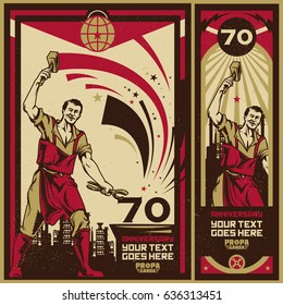 70th celebration vintage propaganda anniversary poster and elements. Isolated artwork object. Suitable for any print media need.