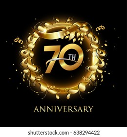 70th gold anniversary celebration With confetti, ring, and abstract elements, isolated on dark background