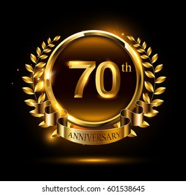 70th gold anniversary celebration logo with ring and ribbon, laurel wreath design