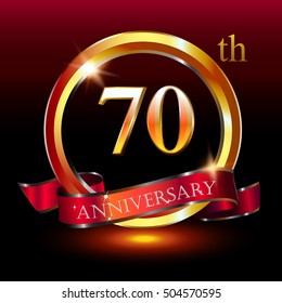 70th golden anniversary logo, 70 years anniversary celebration with ring and ribbon.