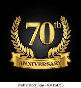 70th golden anniversary logo with ring and ribbon, laurel wreath vector design isolated on black background