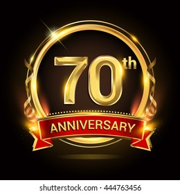 70th golden anniversary logo with ring and red ribbon, vector design.