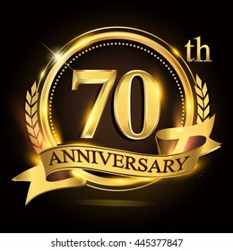 70th golden anniversary logo with ring and ribbon, laurel wreath vector design.