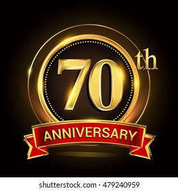 70th golden anniversary logo with ring and red ribbon. Vector design template elements for your birthday celebration.