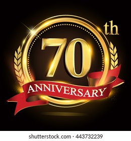70th golden anniversary logo, with shiny ring and red ribbon, laurel wreath isolated on black background, vector design