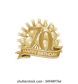 70th golden happy birthday logo with balloons and burst of light svg