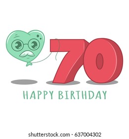 70th Happy birthday template element for design greeting cards, invitations. Cartoon illustration of a balloon character and numbers. Anniversary birthdays vector icon.