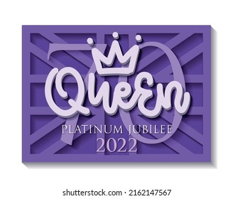 70th Jubilee of the Queen. Platinum anniversary text card in 3d paper cut style. Royal holiday in 2022. Vector isolated sticker