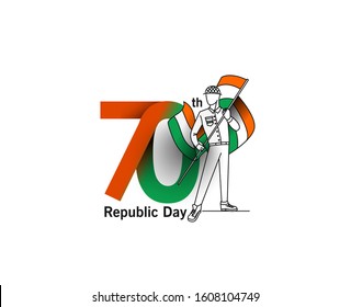70th Republic day concept with a boy holding indian flag. Cartoon Vector background.