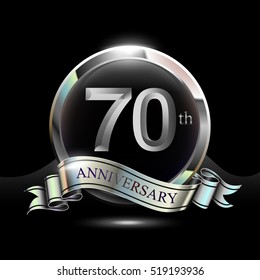 70th silver anniversary logo, vector celebration design with ring and ribbon.