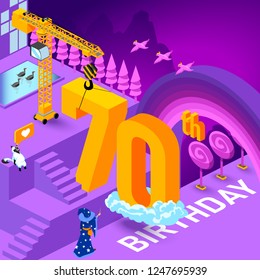 70th year Anniversary Celebration concept with characters. Flat isometric vector illustration