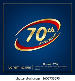 70th years anniversary celebration emblem. anniversary elegance golden logo with red ring on blue background, vector illustration template design for web, celebration greeting and invitation card