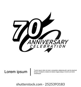 70th years anniversary celebration emblem. black logo isolated with ribbon on white background. vector illustration template design for web, flyers, poster, greeting card and invitation card