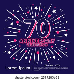 70th years anniversary celebration emblem. anniversary logo isolated with fireworks and stars sparkle glittering background. vector illustration template design for web, flyers, poster, greeting card