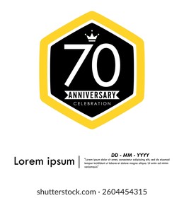 70th years anniversary celebration emblem. hexagon anniversary logo with ribbon. medal badge frame on white background. vector illustration template design for web, flyers, poster, greeting card