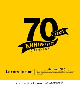 70th years anniversary celebration emblem. black logo isolated with ribbon on yellow background. vector illustration template design for web, flyers, poster, greeting card and invitation card